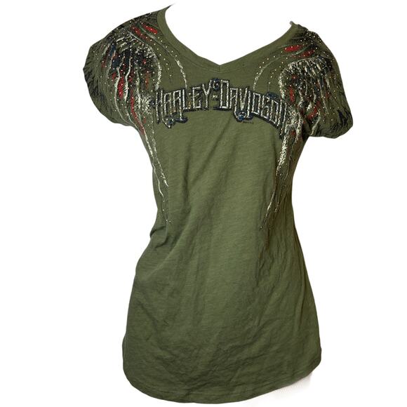Harley Davidson Womens Shirt Olive Green Rhinestone Studded Wings M - Picture 1 of 7